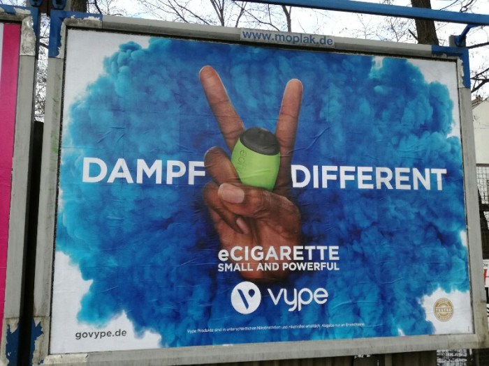 Street photo of E-cigarette poster “Smoke differently“ - Berlin Treptow (Photo by Stefan Klenke